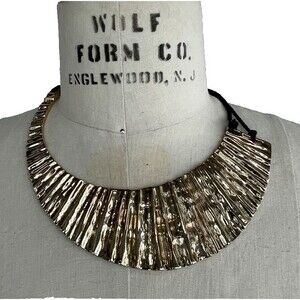 Gold Necklace /Choker bib collar  Brutalist asymmetric design with leather chord